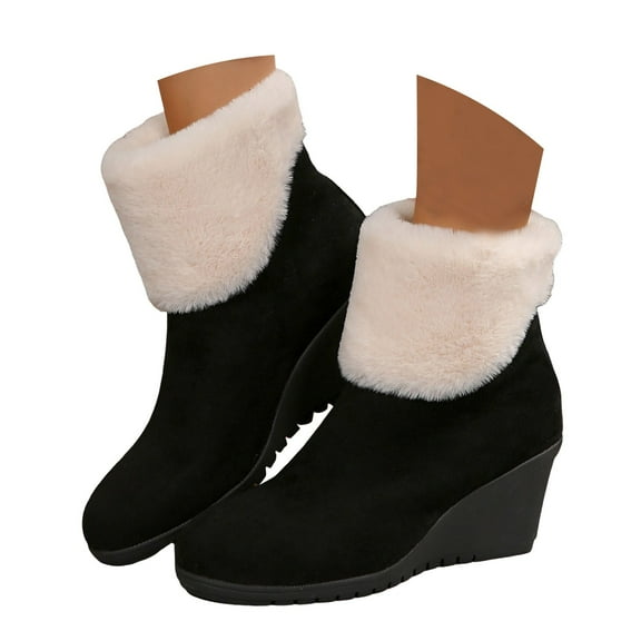 Fuzzy Winter Boots for Women Fashion Black Suede Wedge Heel Plush Scuff Mid Calf Dress Snow Booties