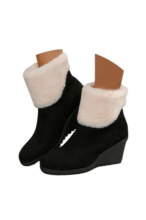 Fuzzy Winter Boots for Women Fashion Black Suede Wedge Heel Plush Scuff Mid Calf Dress Snow Booties