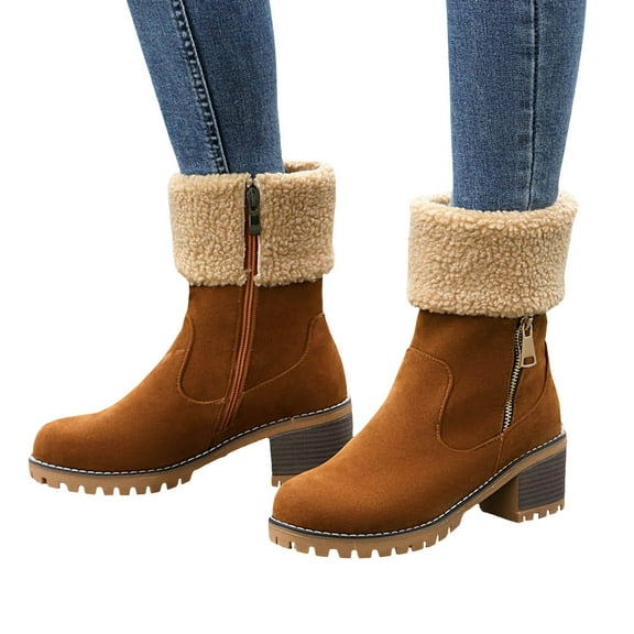 Fuzzy Winter Boots for Women Suede Lug Sole Stacked Heel Zipper Short Snow Booties Casual Round Toe Ankle Boots