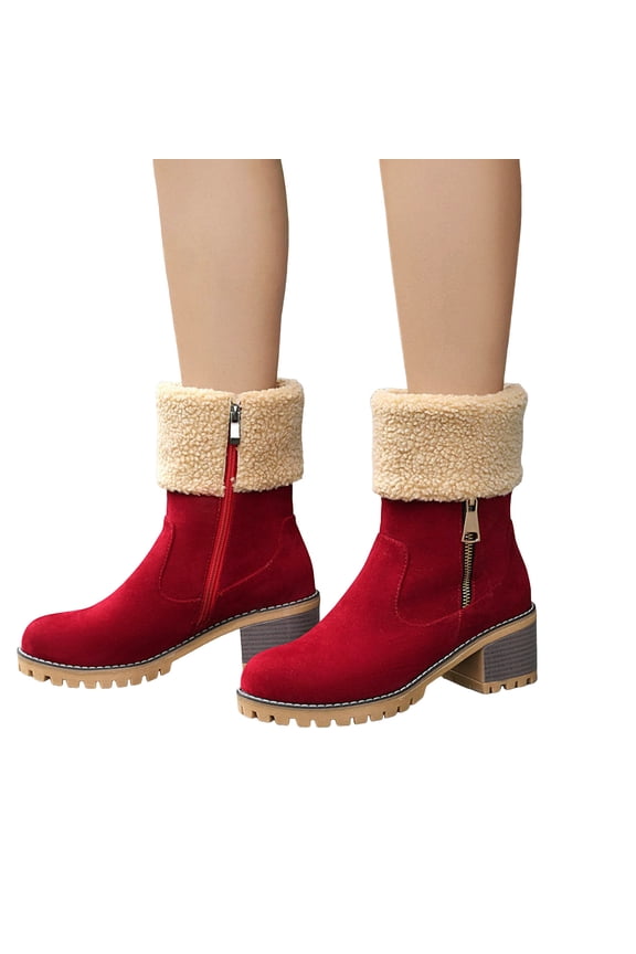 Fuzzy Winter Boots for Women Suede Lug Sole Stacked Heel Zipper Short Snow Booties Casual Round Toe Ankle Boots