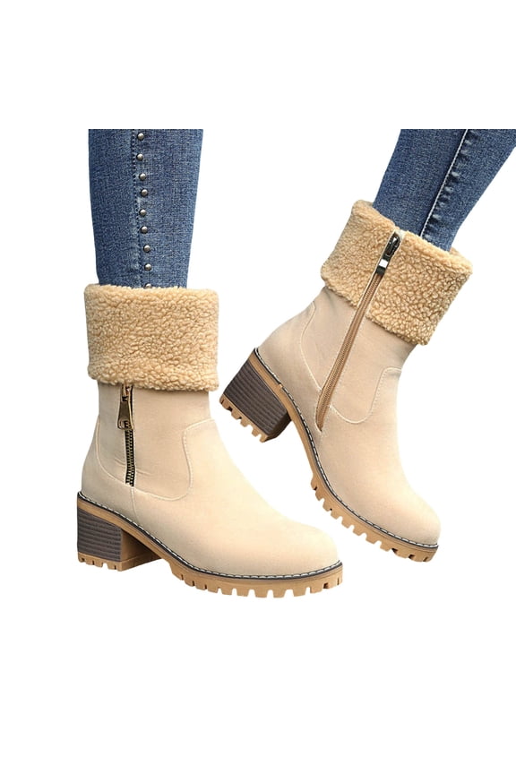 Fuzzy Winter Boots for Women Suede Lug Sole Stacked Heel Zipper Short Snow Booties Casual Round Toe Ankle Boots