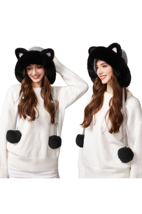 Fuzzy Winter Trapper Hat with Ear Flaps for Women Faux Fur White Cute Cat Ears Beanie Hats Fluffy Plush Hooded Cap