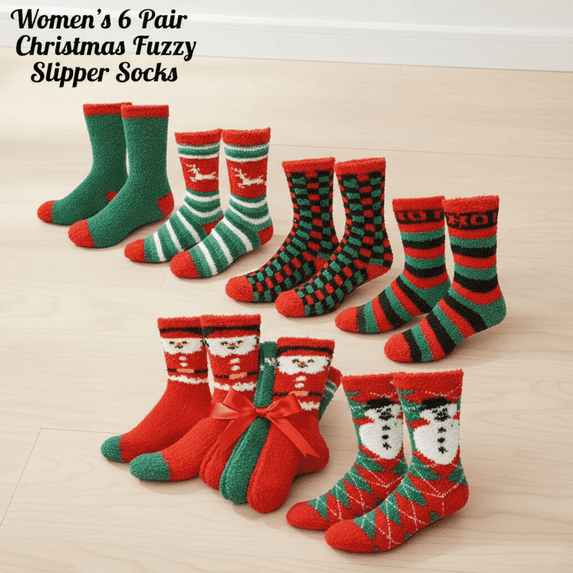 Fuzzy and Soft Holiday Christmas Slipper Gift Socks, 6 Pack, Size 9-11 (Christmas)
