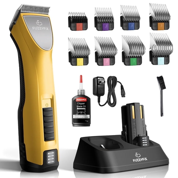 FuzzyFix Professional Dog Clippers for Grooming with Charging Replacement, Low Noise Pet Grooming Kit for Thick Curly Matted Heavy Coats Cordless Trimmer with 8 Metal Guide Combs for Animal Horse