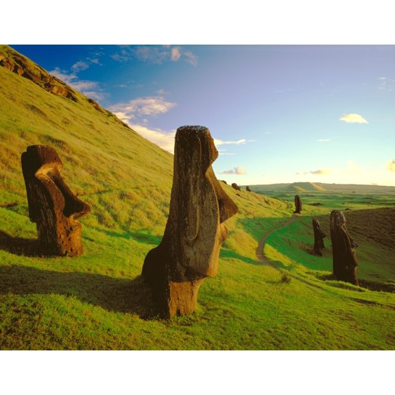 Fv1069 Dave Nunuk Profile Of Head Monuments At Dusk At Easter Island Chile Moai At Rano Raraku Canvas Art - David Nunuk Design Pics (17 x 13)