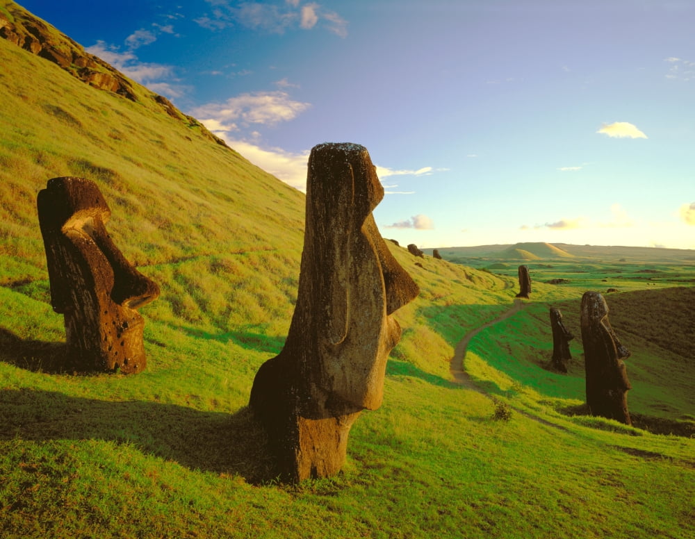 Fv1069 Dave Nunuk Profile Of Head Monuments At Dusk At Easter Island Chile Moai At Rano Raraku Canvas Art - David Nunuk Design Pics (34 x 26)