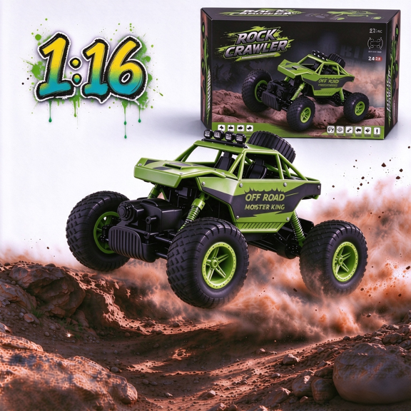 FvMuCore 1:16 RC off-road Monster Truck, 2.4GHz 4WD All-terrain Rock Climbing Car Toy in Gift Box, Birthday and Holiday Gift for Kids, Green