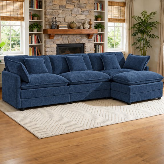 FvMuCore 111.5" Sectional Couches for Living Room, 4 Seater L Shaped Cloud Couch with Ottoman and 5 Pillows,Blue