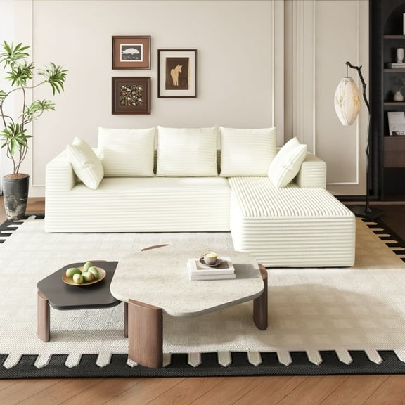 Fvbeaya 106 Inch Cloud Sectional Couch, Modern Modular Sofa with L-Shape Chaise, Corduroy Couches for Living Room Bedroom, No Assembly Required, （Right Side Lounger, White）