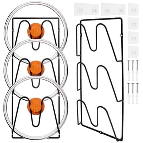 FVKRNYZ 2 Pack Pot Lid Organizer Rack for Cabinet Door, 6-Tier Pan Lid Holder, No Drilling Rustproof Metal Adhesive Wall Mount Storage, Black
