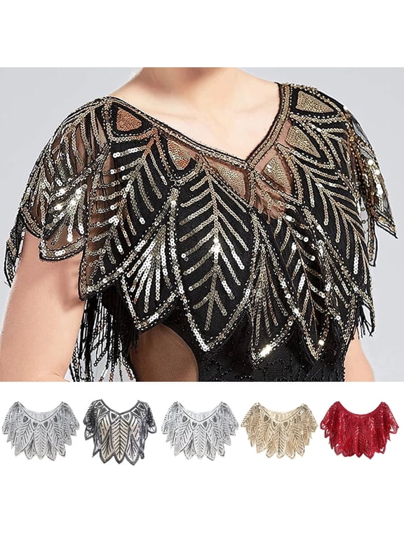 Women 1920s Evening Shawl Decorative Leaf Sequins Shawl Women Party Shawl Sequin Summer Short Thin Coat V Neck See through Gauze Leaf Shape Embroidered Beaded Capelet