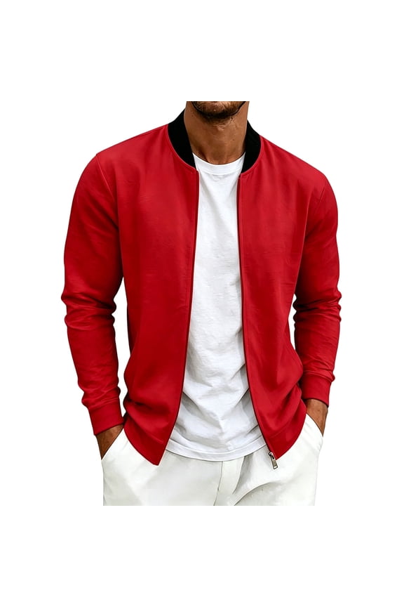 Men's Casual Lightweight Coat Long Sleeve Stand Collar Zipper Bomber Jacket Windbreaker for Fitness and Everyday Wear Red