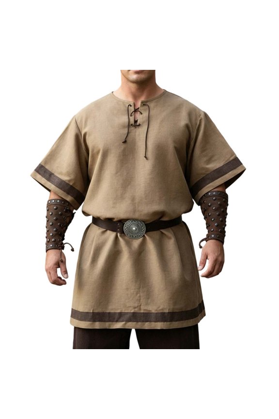 Men's Medieval Knight Viking Tunic Top Surcoat Tabard for Halloween Cosplay Renaissance Costume Khaki