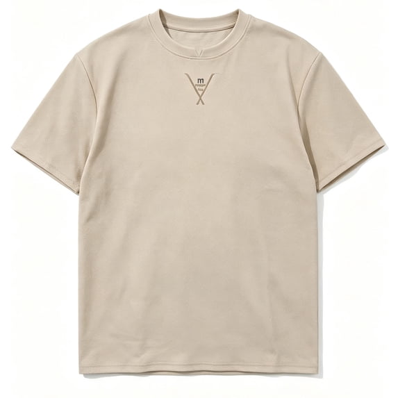 Fwqbns Men's Notch Neck T-Shirt Short Sleeve Split Crew Neck Tee Minimalist Solid Color Casual Summer Top Beige