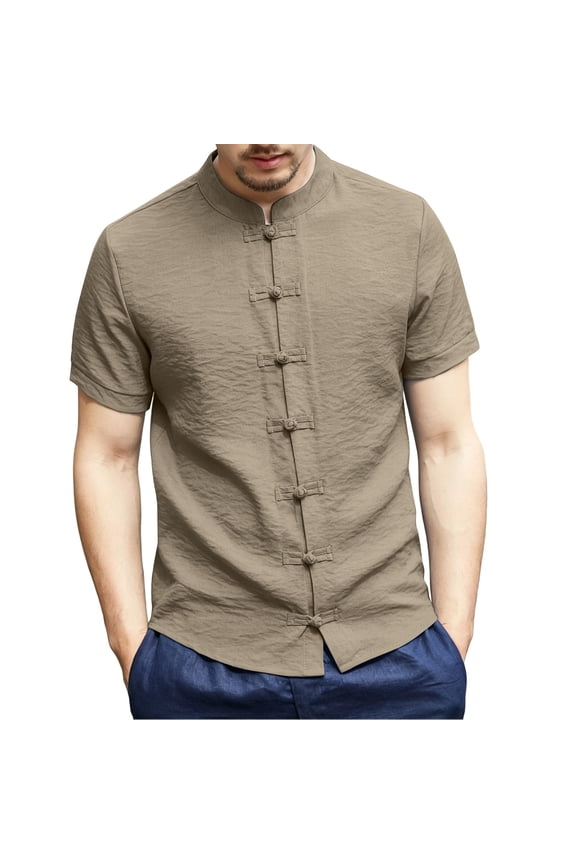 Men's Retro Mandarin Collar Chinese Frog Button Shirts Casual Short Sleeve Summer Polyester Slim Fit Tops Khaki