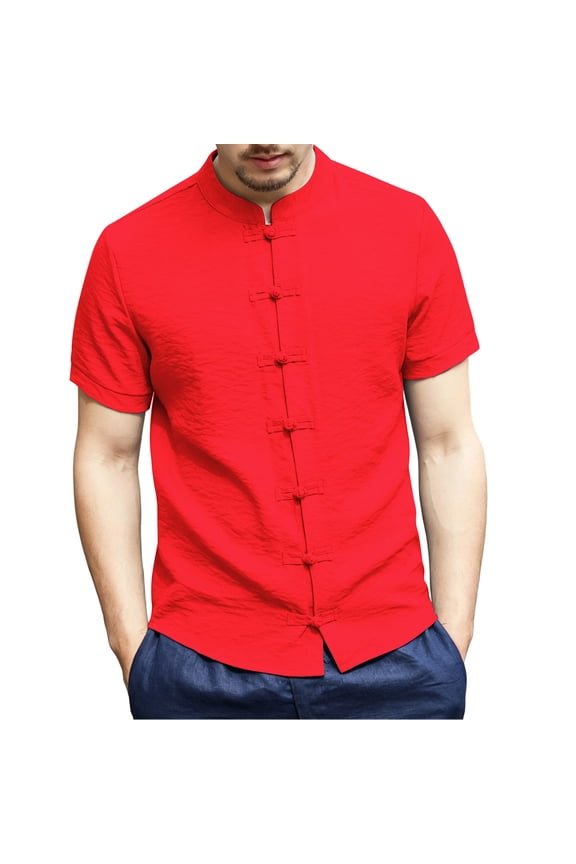 Men's Retro Mandarin Collar Chinese Frog Button Shirts Casual Short Sleeve Summer Polyester Slim Fit Tops Red