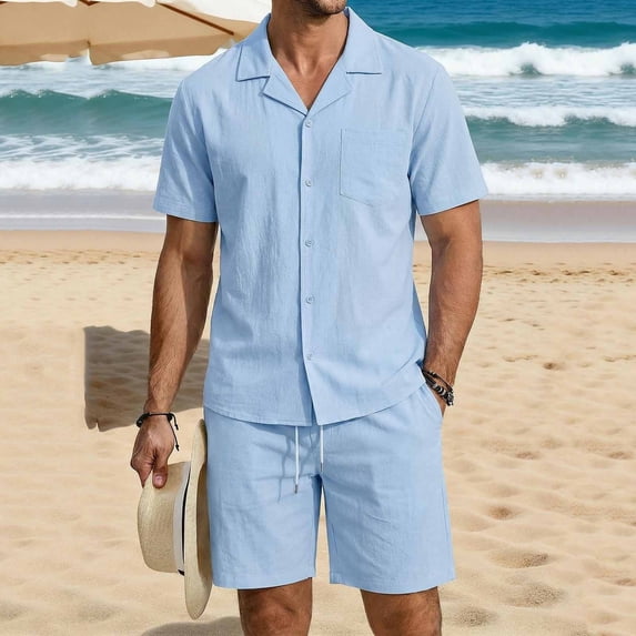 Fwqbns Men's Summer Casual Loose Fit Elastic Waist Shorts and Short Sleeve Button Up Shirt Set with Pockets, Breathable Solid Color Outfit Sky Blue