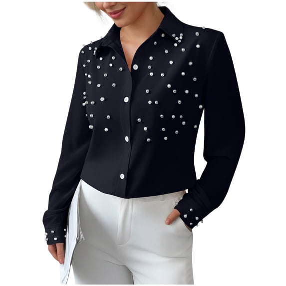 Fwqbns Women Button Down Shirts Dress Long Sleeve Pearl Embellished Lapel Collar Shirts Casual Classic-Fit Daily Blouse Tops