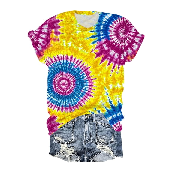 Fwqbns Women Retro Tie Dye T-Shirt 70s 80s Hippie Style Vintage Casual Tee Tops for Party Daily & Holiday Outfits