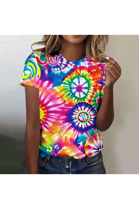 Women's 60s 70s Hippie Shirt Tie Dye Vintage Graphic Tee Tops Retro Boho Hippie Costume T-Shirt Casual Loose Fit Tops for Party Festival Daily Wear