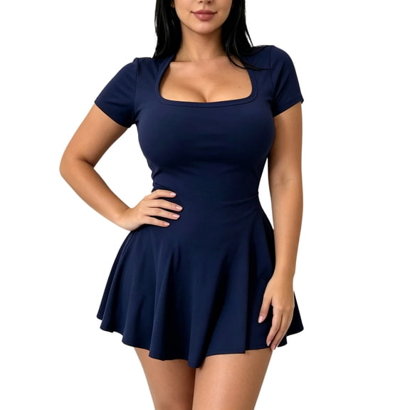 Fwqbns Women's A-Line Mini Dress Casual Sexy Square Neck Short Sleeve Ruched Tiered Ruffle Hem Flowy Club Party Dress Navy
