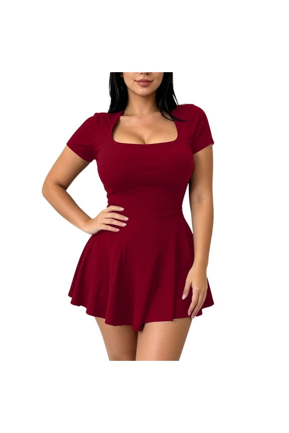 Women's A-Line Mini Dress Casual Sexy Square Neck Short Sleeve Ruched Tiered Ruffle Hem Flowy Club Party Dress Red