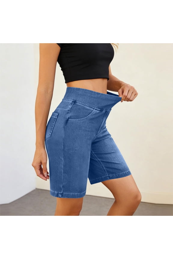 Women's High Waisted Stretchy Denim Jean Shorts, Pull On Casual Jorts with Pockets, Comfortable Flexible Summer Bottoms for Daily Outdoor Streetwear