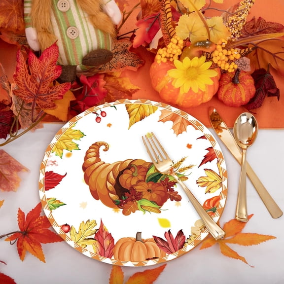 Fwttom 10 pcs Thanksgiving Paper Plates, Fall Decor Turkey Pumpkin Leaves Pattern Disposable Plates, Harvest Themed Dinner Plates for Thanksgiving Party Supplies & Fall Decorations for Home