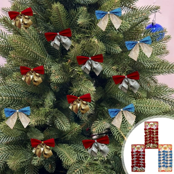 Fwttom 12 pcs Christmas Bows Set, Bright Christmas Tree Bows with Gold Powder, Color Blocking Christmas Decorations for Tree, Gifts Box, Windows, Home Ornaments
