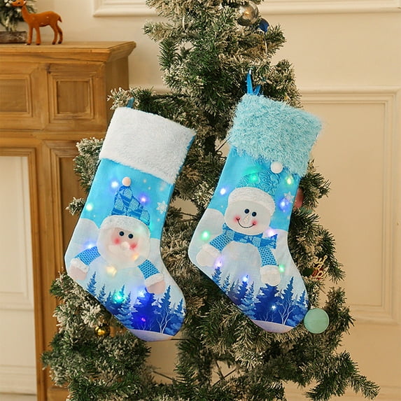 Fwttom 19 Inches Large Christmas Stockings, Holiday Personalized Christmas Stockings with LED Lights, Santa Claus Snowman Blue Stockings Christmas for Gifts Holder, Xmas Tree & Party Decor