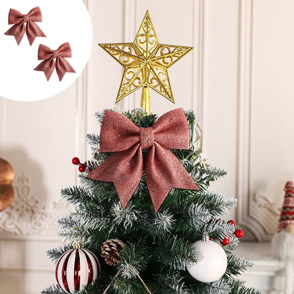 Fwttom 2 Pcs Velvet Bows For Christmas Tree, Christmas Tree Decorations Pearl Cottons Gold Powder Christmas Tree Bows, Cororful Christmas Bows for Holiday Party & Tree Ornaments, 5.9 x 4.7 Inches