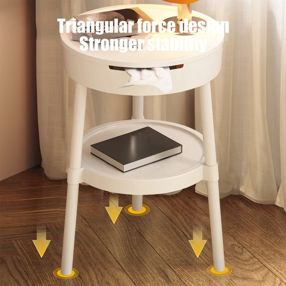 Fwttom 2 Tier Side Table, Round Shaped End Table Living Room Night Stand with Drawer Storage Shelf, Multifunctional Bedside Table for Study Desk Bedroom Office Rest Room