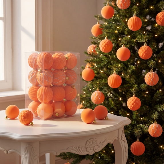 Fwttom 24pcs Flocked Christmas Ball Ornaments Set Shatterproof Hanging Merry Christmas Tree Decorations for Holiday Xmas Decor, Orange
