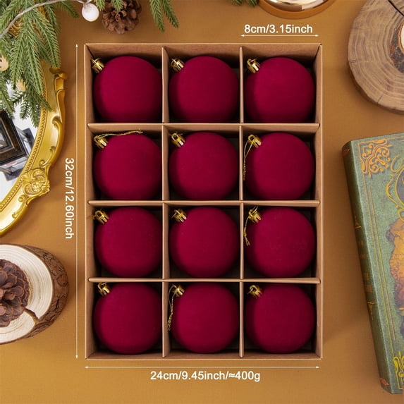 Fwttom 3.15" Flocked Christmas Ball Ornaments Set of 12 Shatterproof Hanging Christmas Tree Decorations for Holiday Gifts & Xmas Decor, Wine