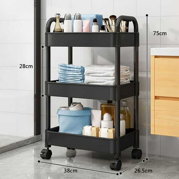 Fwttom 3 Tier Rolling Carts With Wheels, Large Capacity Rolling Cart Plastic Multi Layer Utility Cart Storage Shelves For Kitchen Living Room Office & Bathroom, Black