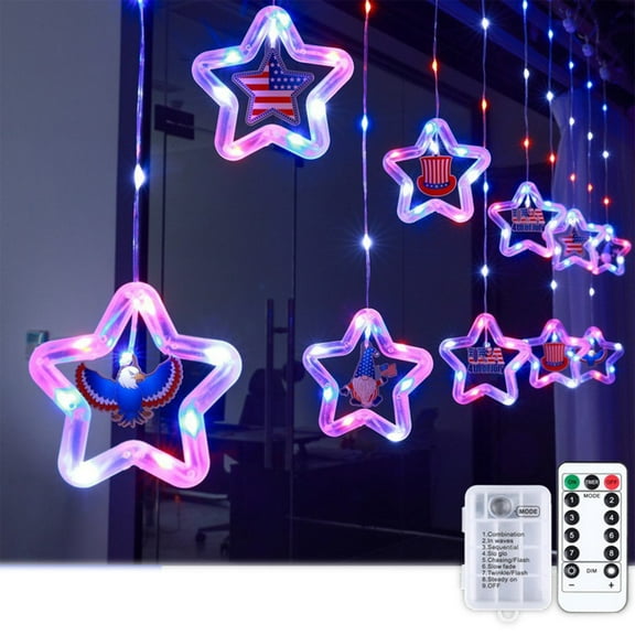 Fwttom 4Th of July Decorations, LED Illuminated Five-Pointed Starses Ice Strip Lights String Americans Independence Day Atmospheres Decorative Outdoor Scene Layout Hanging Decorations