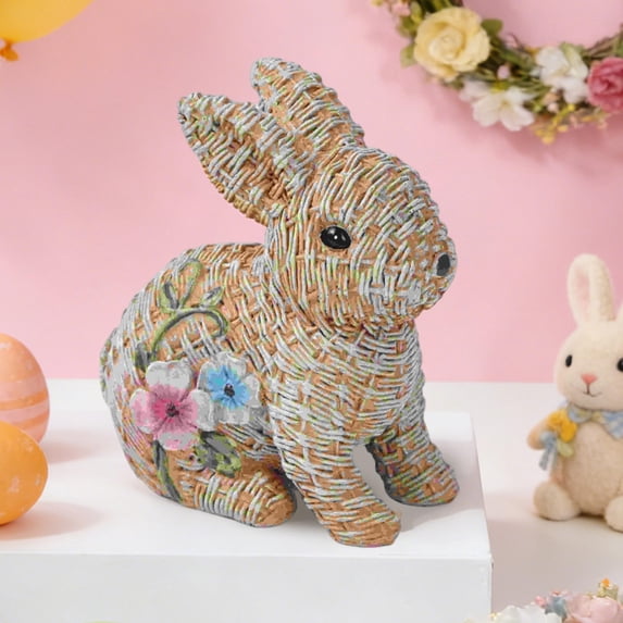 Fwttom 5" Resin Easter Bunny Wicker-Like Spring Rabbitt Decorative Crafts Sculptures Outdoor Indoor Decoration for Garden Home