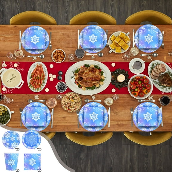 Fwttom 80 pcs Christmas Dinnerware Sets, Tableware Party Supplies with Christmas Paper Plates Christmas Napkins Disposable Cups, Holiday Blue Snowflake for Xmas Party Supplies Favors Table Decor