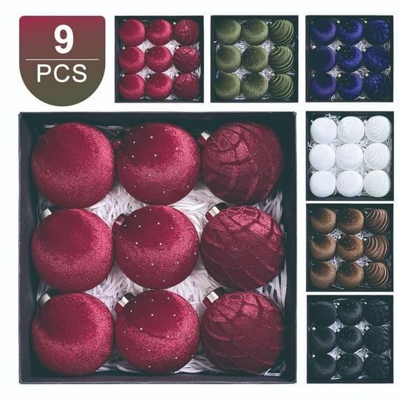 Fwttom 9Pcs Flocking Christmas Balls Ornaments, Sparkling Hanging Christmas Shatterproof Ball with Strings - Christmas Decorations for Xmas Tree, Holiday, Wedding, Party, 8cm/3.15"