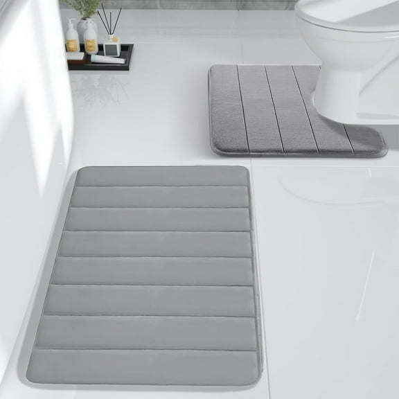 Fwttom Bathroom Rugs Set Practical For 2 Pcs, Non Slip Toilet Mats Bath Mats for Bathroom, Soft Comfortable Water Absorption Thick Washable Easier To Dry Foam Bath Mat