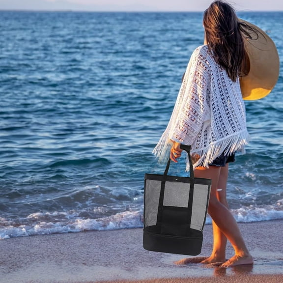 Fwttom Beach Bag - Mesh Beach Bags Waterproof Insulation Cold Bag Beach Tote Dry-Wet Separation Pool Bag with Zipper Pocket for Women Vacation Essentials