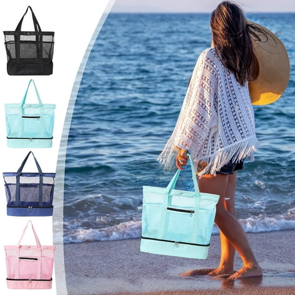 Fwttom Beach Bag - Mesh Beach Bags Waterproof Insulation Cold Bag Beach Tote Dry-Wet Separation Pool Bag with Zipper Pocket for Women Vacation Essentials