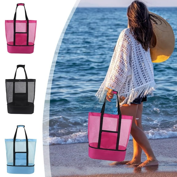 Fwttom Beach Bag - Mesh Beach Bags Waterproof Insulation Cold Bag Beach Tote Dry-Wet Separation Pool Bag with Zipper Pocket for Women Vacation Essentials