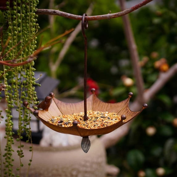 Fwttom Bird Feeders for Outdoors, Metal Hanging Umbrella Decorative Feeders, Wild Bird Feeder for Garden, Patio & Backyard, Brown