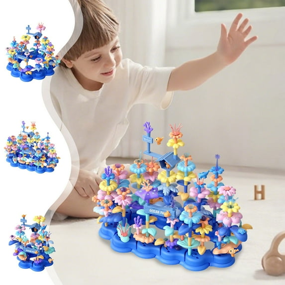 Fwttom Building Blocks Toddler Toys, Children's Assembling Garden Changing Small Garden DIY Toy Building Sets, Flower Arrangement Building Toys for Girls & Boys, Blue