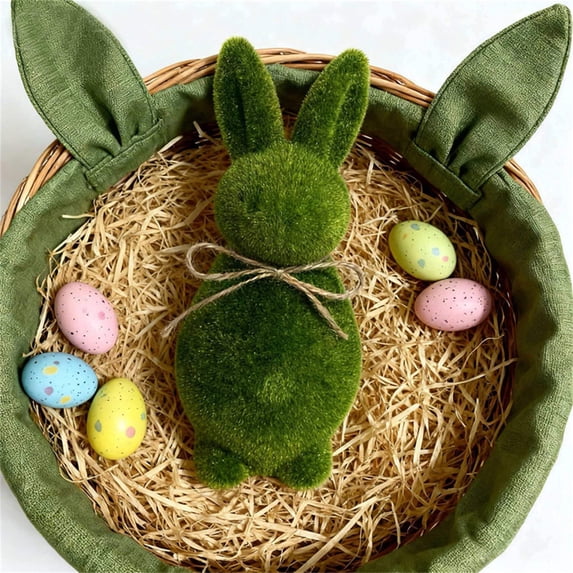 Fwttom Bunny Easter Decorations, Holiday Easter Bunny Decorations, Faux Moss Covered Rabbit Figurine for Home Living Room Table Ornament, Green