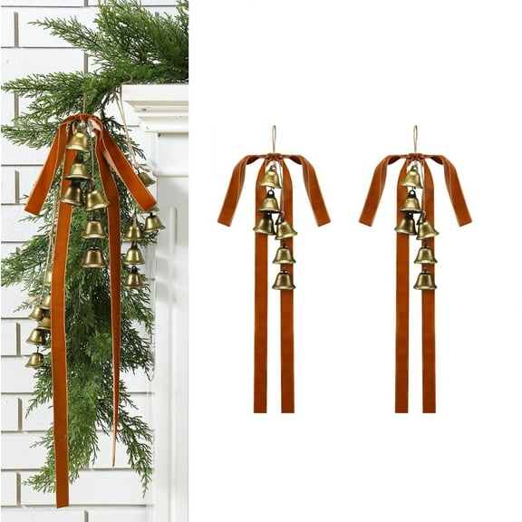 Fwttom Christmas Bells Bow Decor - 2 Pcs Large Metal Hanging Bells Ornaments Holiday Christmas Bows Party Birthday Decorations Bells for Indoor Outdoor Xmas Tree Wreath Garland