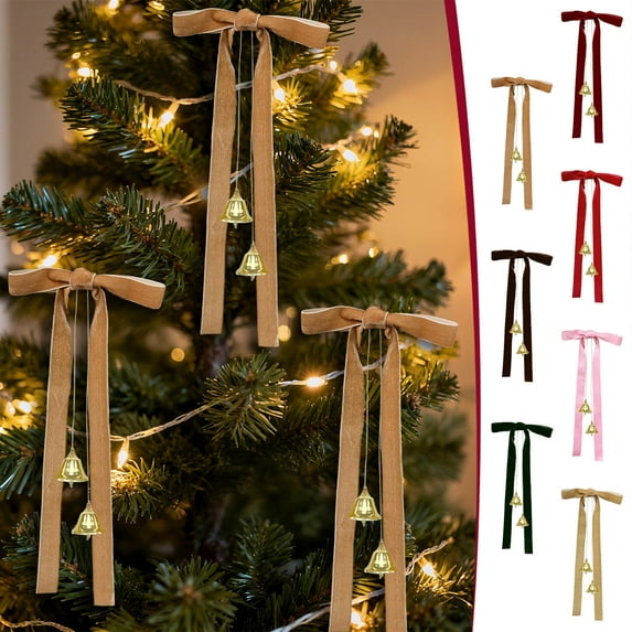Fwttom Christmas Bells Bow Decor - Hanging Bells Ornaments Holiday Xmas Bells Indoor Outdoor Velvet Bows for Christmas Tree Wreath Garland