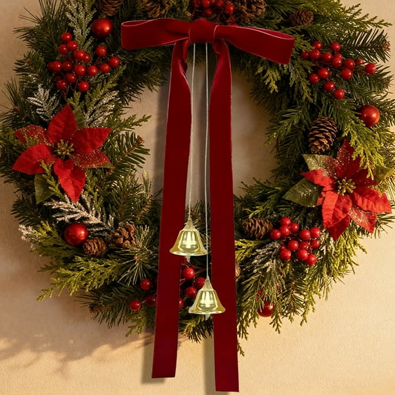 Fwttom Christmas Bells Bow Decor - Hanging Bells Ornaments Holiday Xmas Bells Indoor Outdoor Velvet Bows for Christmas Tree Wreath Garland