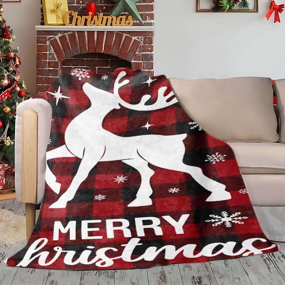 Fwttom Christmas Blanket, Cozy Xmas Large Reindeer Printed Super Warm Fleece Blanket, Christmas Throw Blanket for Couch Bedroom Sofa Office Napping